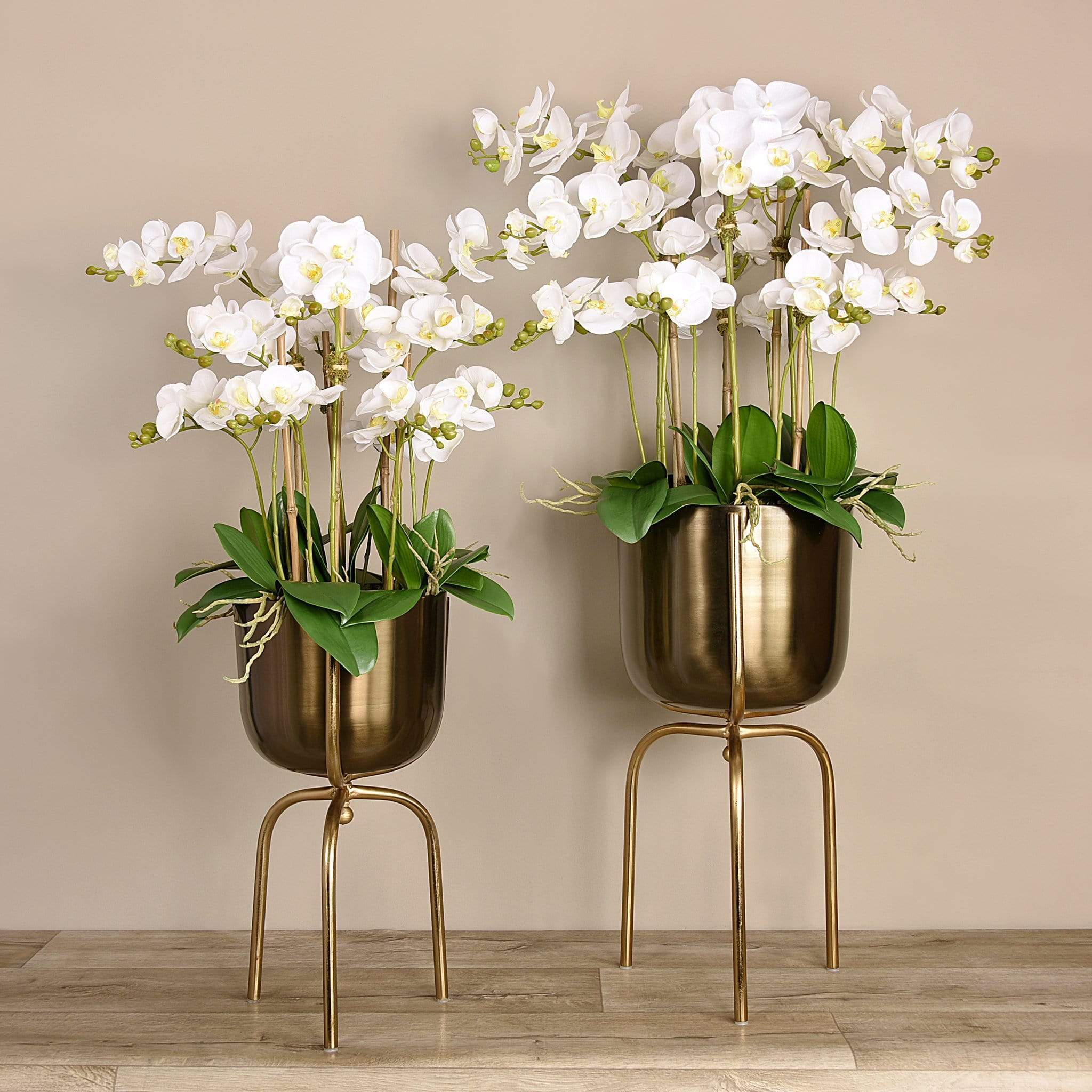 Artificial Orchid Arrangement in Gold Standing Vase