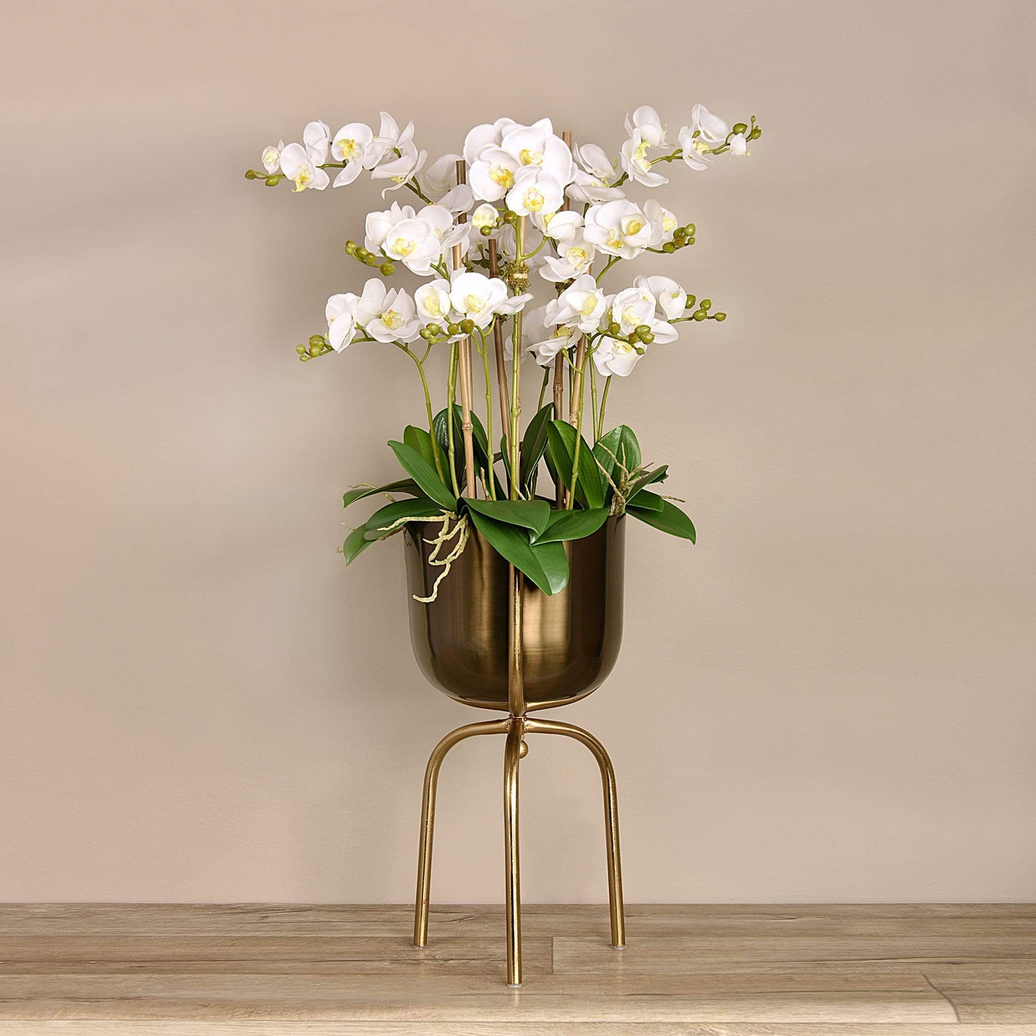 Artificial Orchid Arrangement in Gold Standing Vase - Image 2