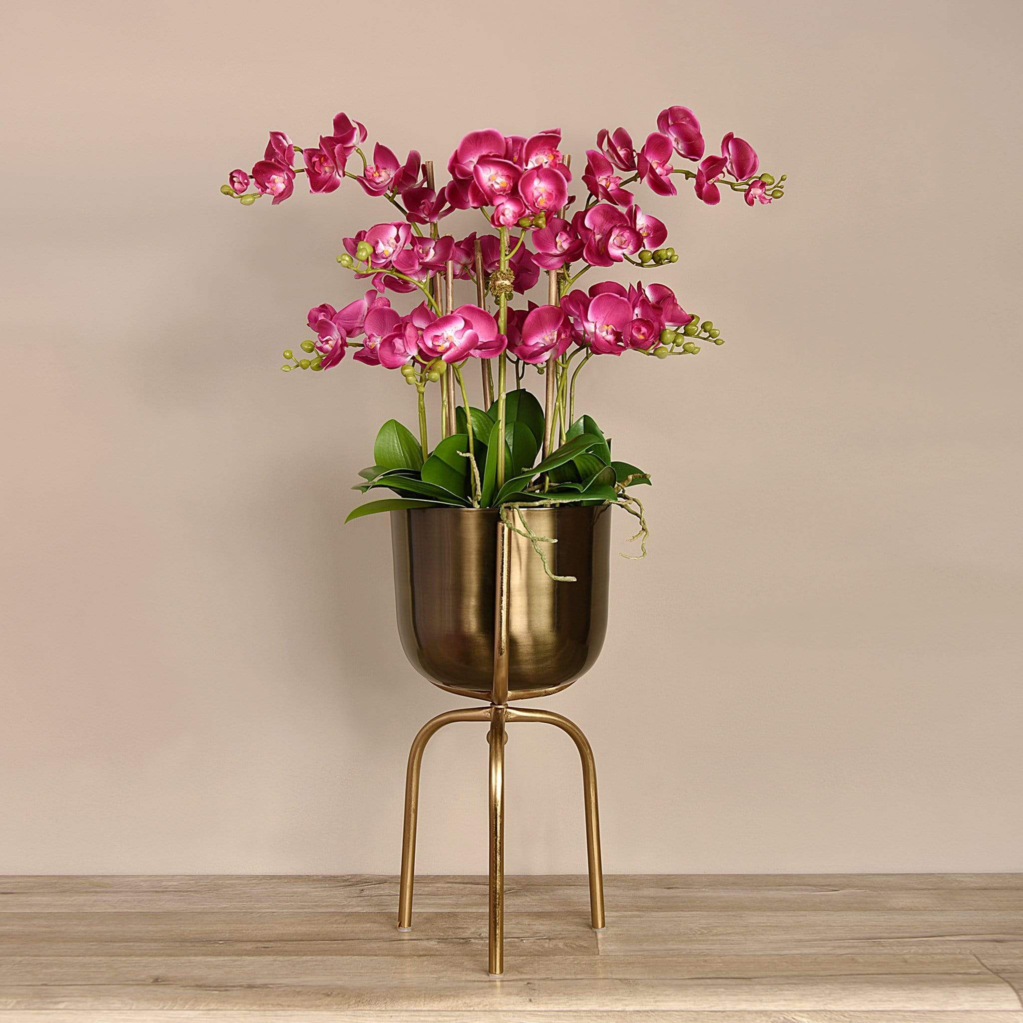 Artificial Orchid Arrangement in Gold Standing Vase - Image 5