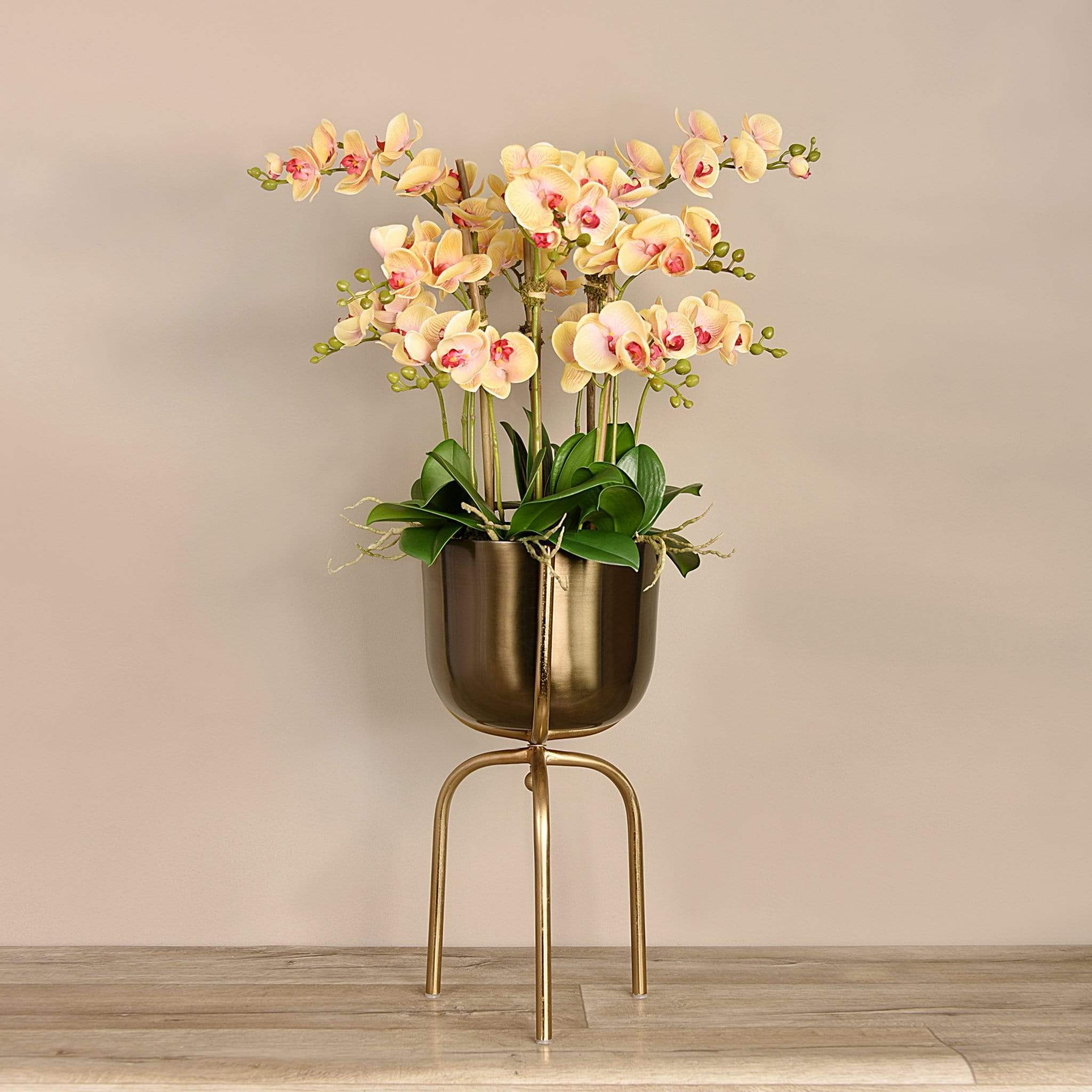Artificial Orchid Arrangement in Gold Standing Vase - Image 8