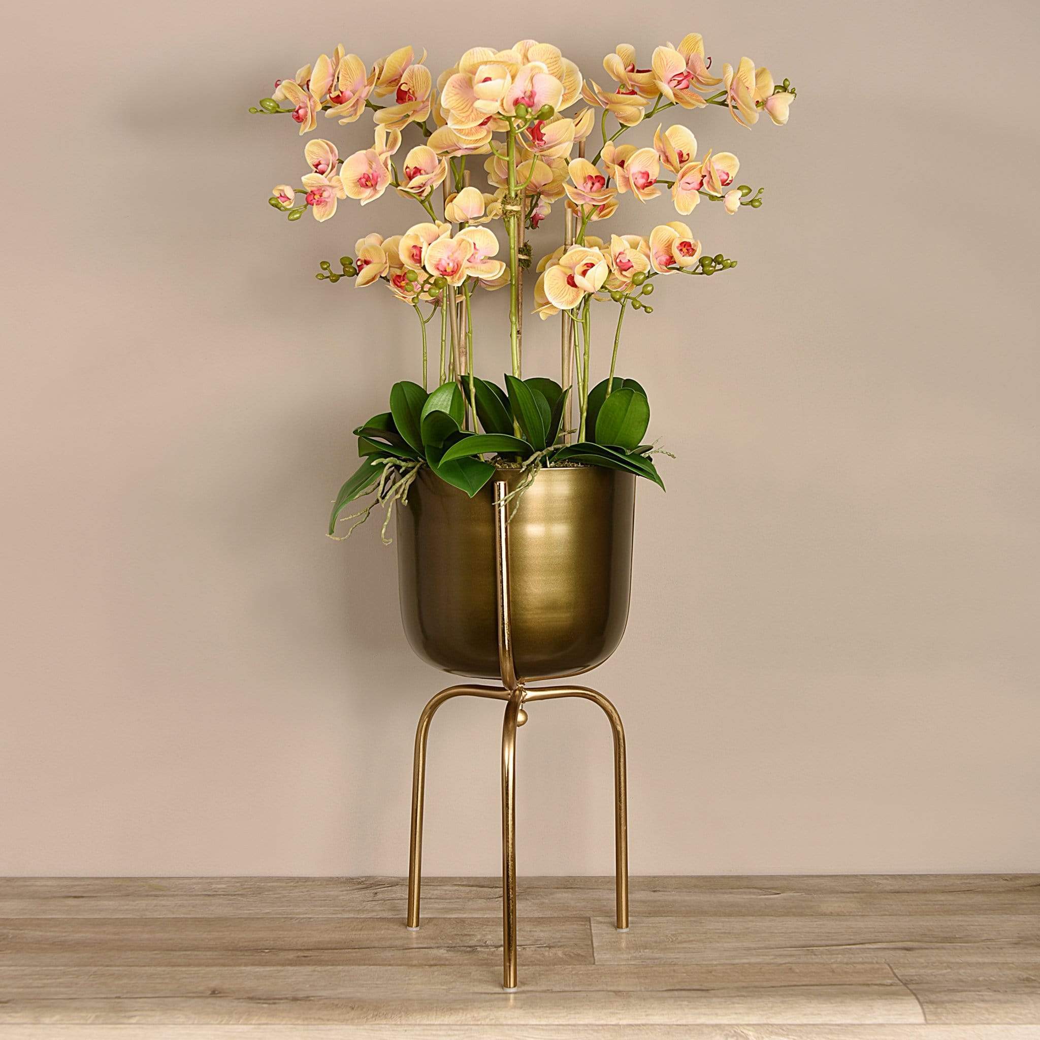 Artificial Orchid Arrangement in Gold Standing Vase - Image 9