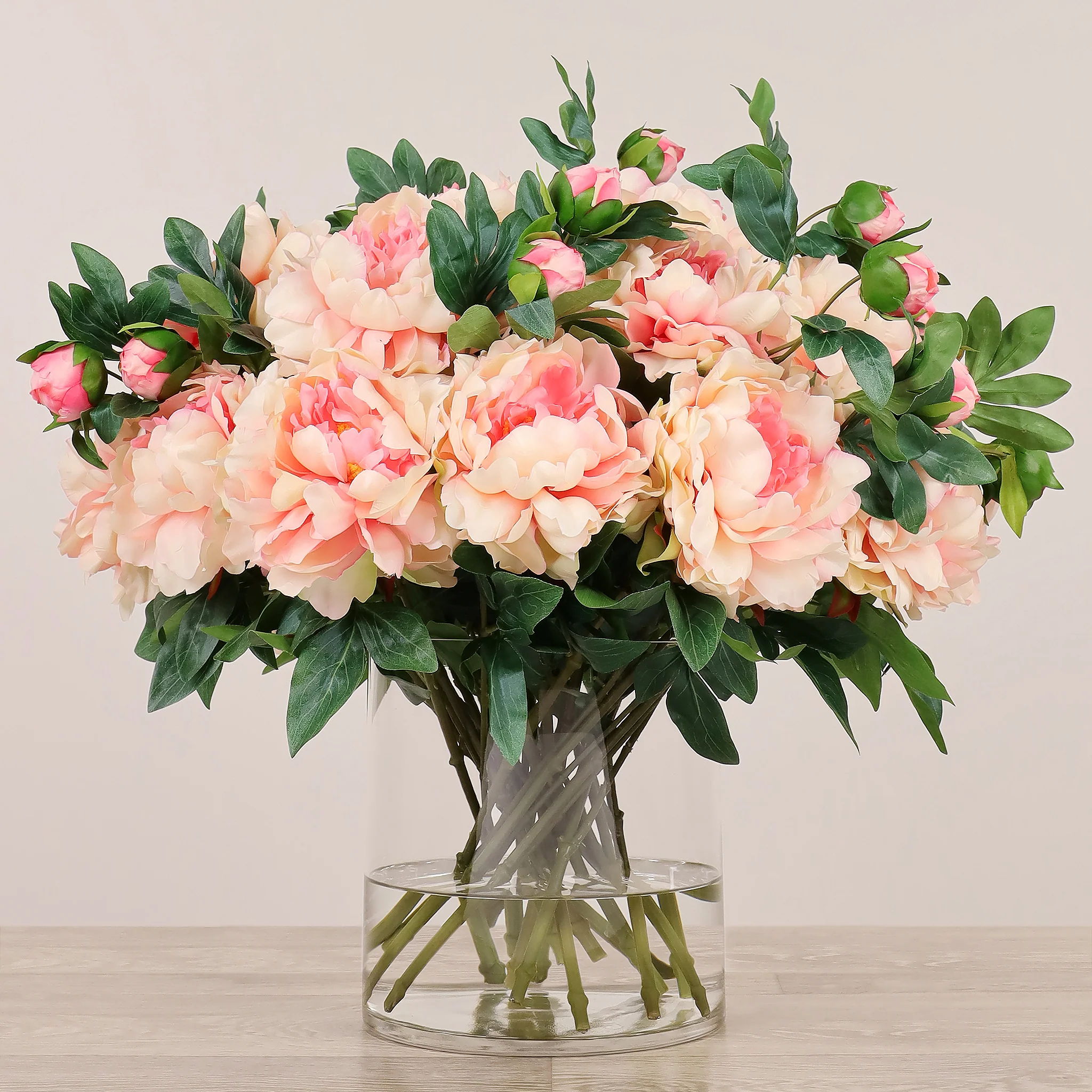 Artificial Peony Arrangement in Glass Vase - Image 2