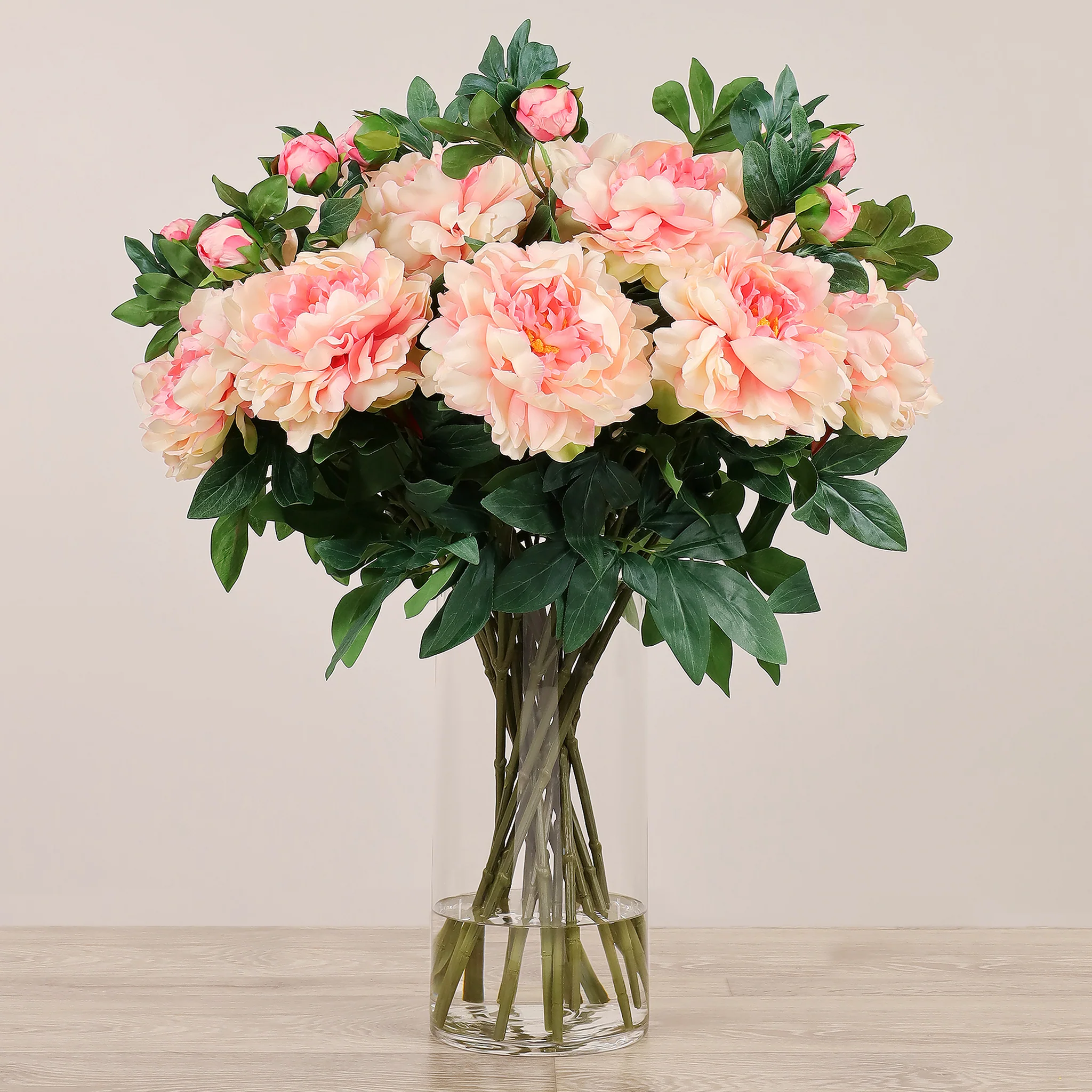 Artificial Peony Arrangement in Glass Vase - Image 2