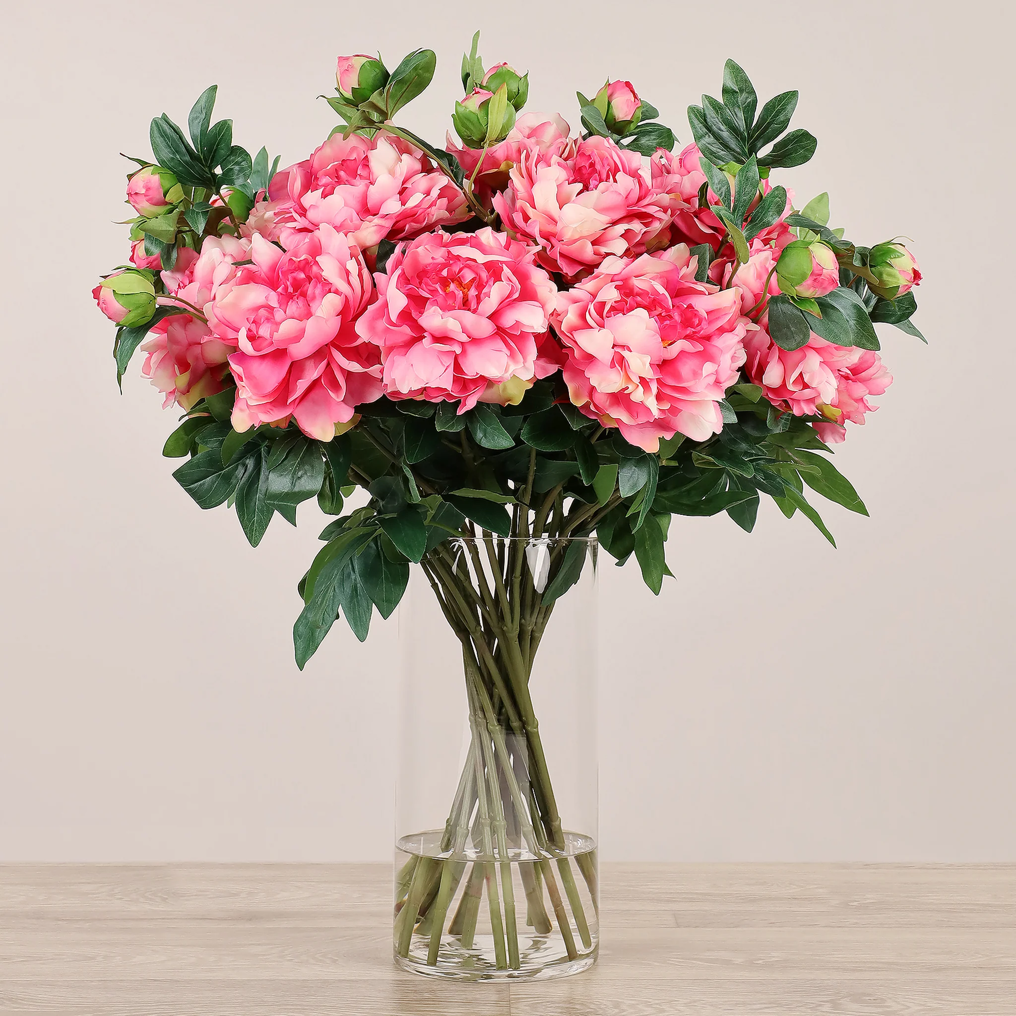 Artificial Peony Arrangement in Glass Vase - Image 3