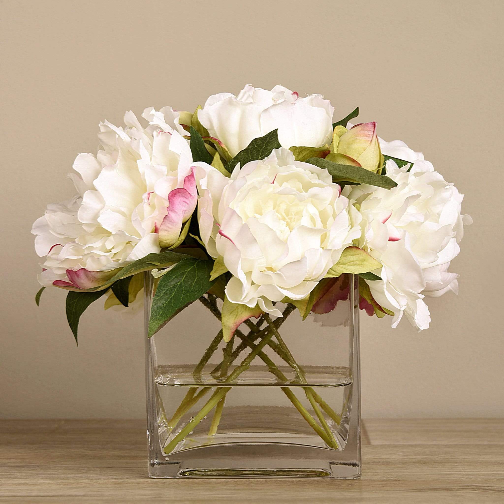 Artificial Peony Arrangement in Glass Vase - Image 3