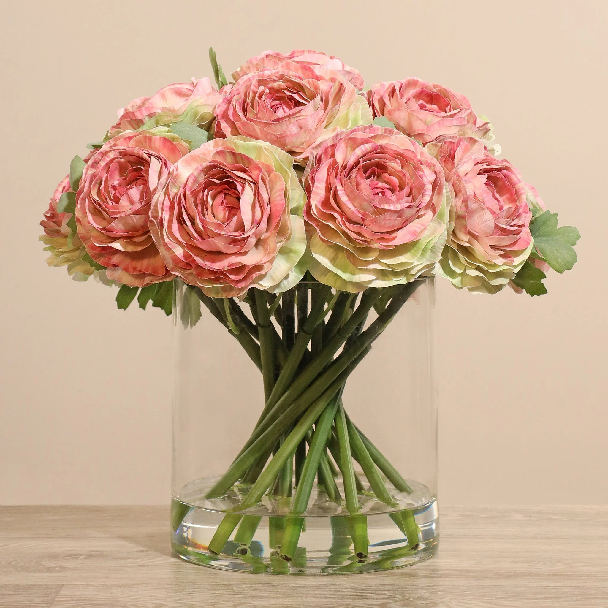 Artificial Ranunculus Arrangement in Glass Vase - Image 2