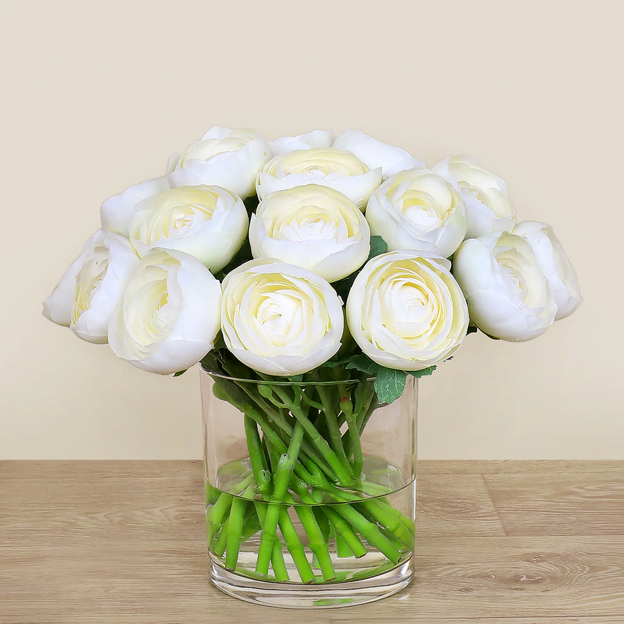 Artificial Ranunculus Arrangement in Glass Vase - Image 4